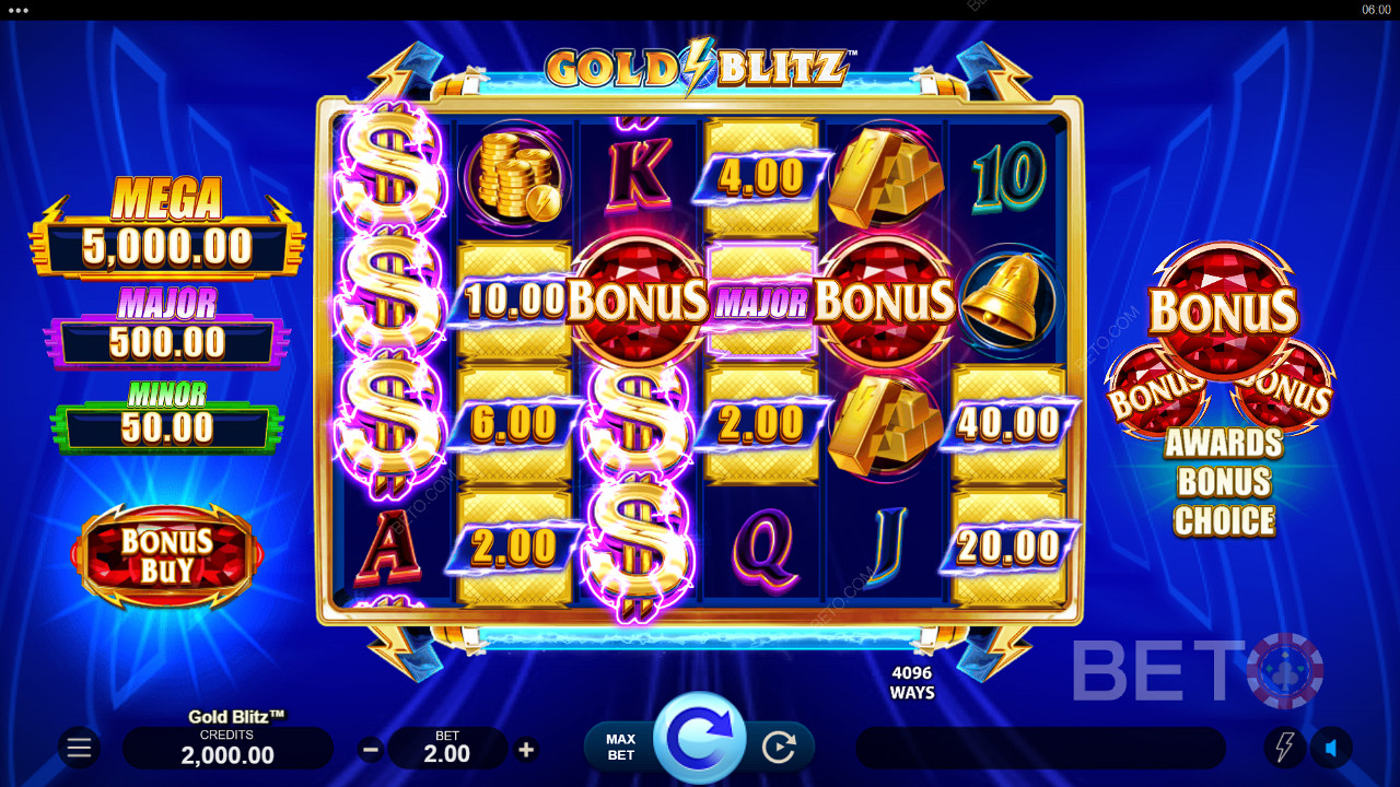 I premi in denaro possono essere vinti nel gioco base della slot machine Gold Blitz.