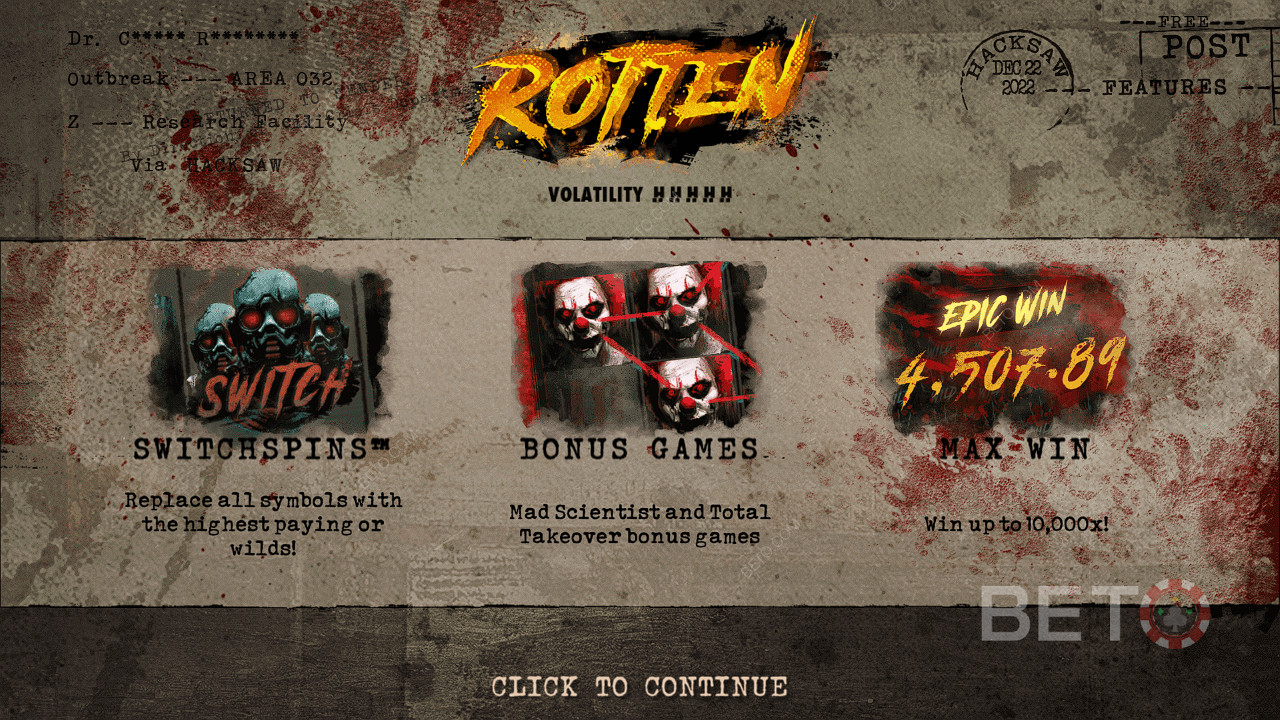 Divertiti con SwitchSpins, Free Spins e molto altro nella slot Rotten di Hacksaw Gaming