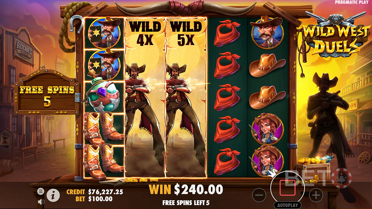 Gli Expanding Wilds con moltiplicatori appaiono in Duel Free Spins nella slot machine Wild West.