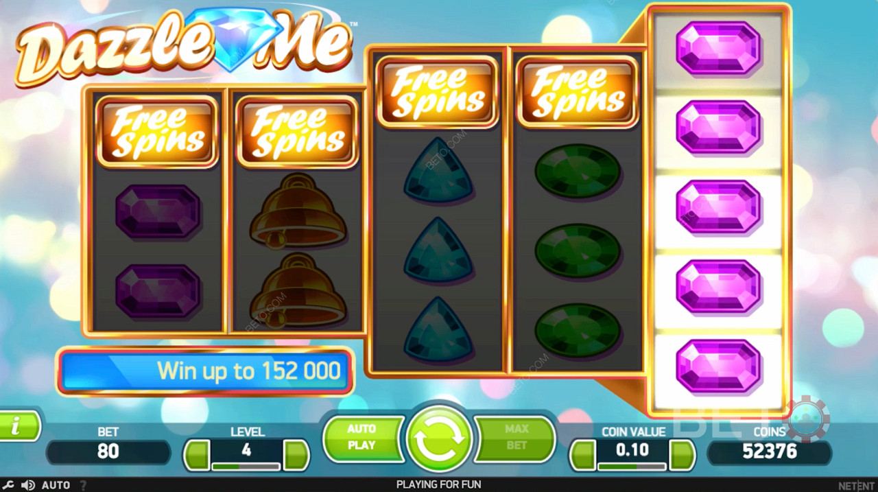 I giri gratis vengono attivati atterrando più di 3 simboli di giri gratis nella slot Dazzle Me.