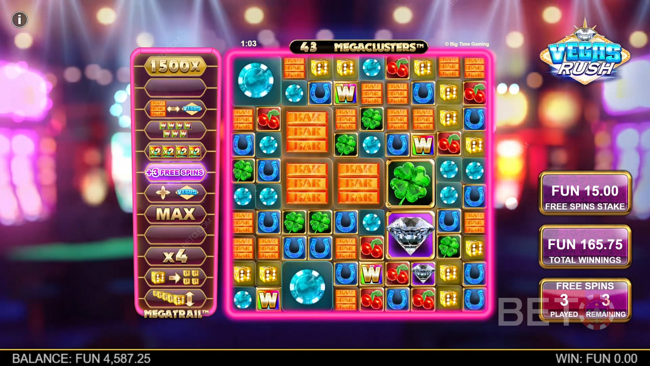 I giri gratuiti offrono un Megatrail potenziato nella slot machine Vegas Rush
