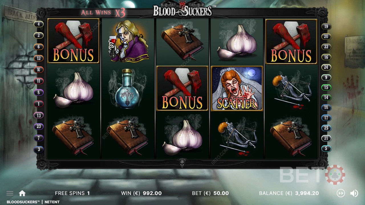 3 simboli bonus nelle posizioni giuste attivano la partita bonus della slot Blood Suckers.