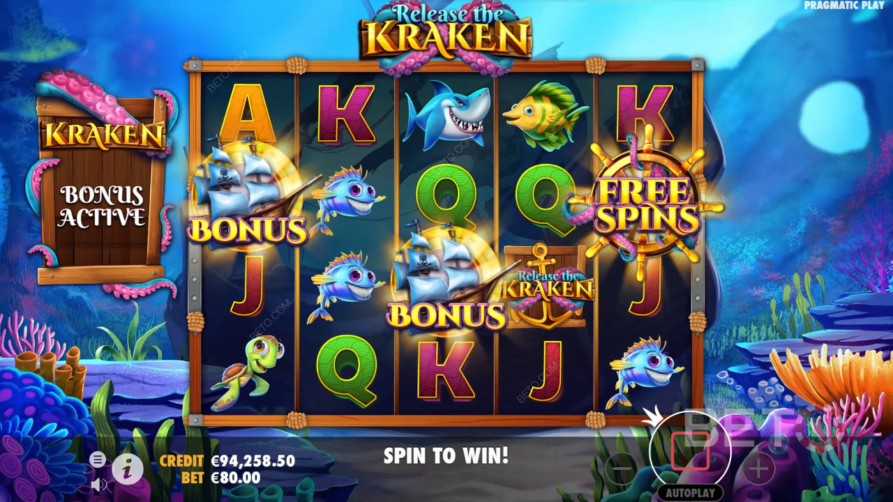 2 Scatter e 1 simbolo Free Spins attivano i Free Spins nella slot Release the Kraken.