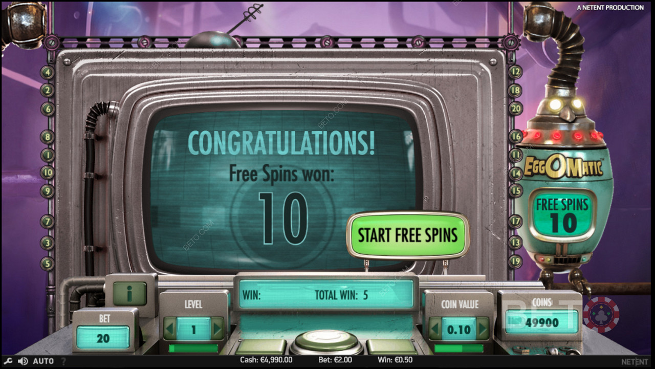 Vincere 10 giri gratis nella slot EggOMatic