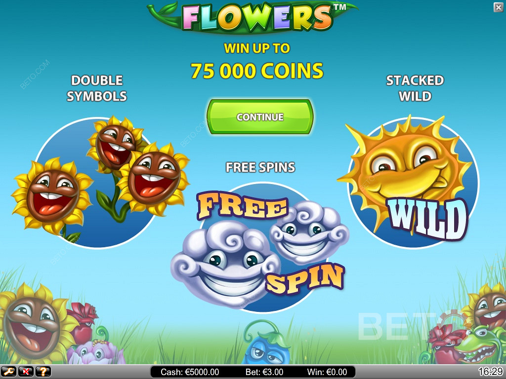 Schermata di benvenuto della Video Slot Flowers