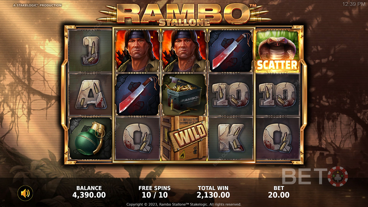 Godetevi le incredibili funzioni bonus e un tema eccezionale nella slot online Rambo