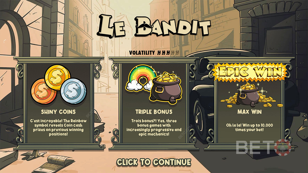 Tre bonus e premi in denaro vi aiuteranno a vincere 10.000x della vostra puntata nella slot Le Bandit