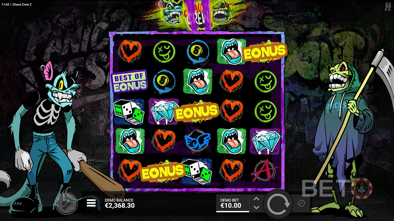 Attiva la partita bonus dopo aver ottenuto 3 simboli bonus nella slot online Chaos Crew 2.