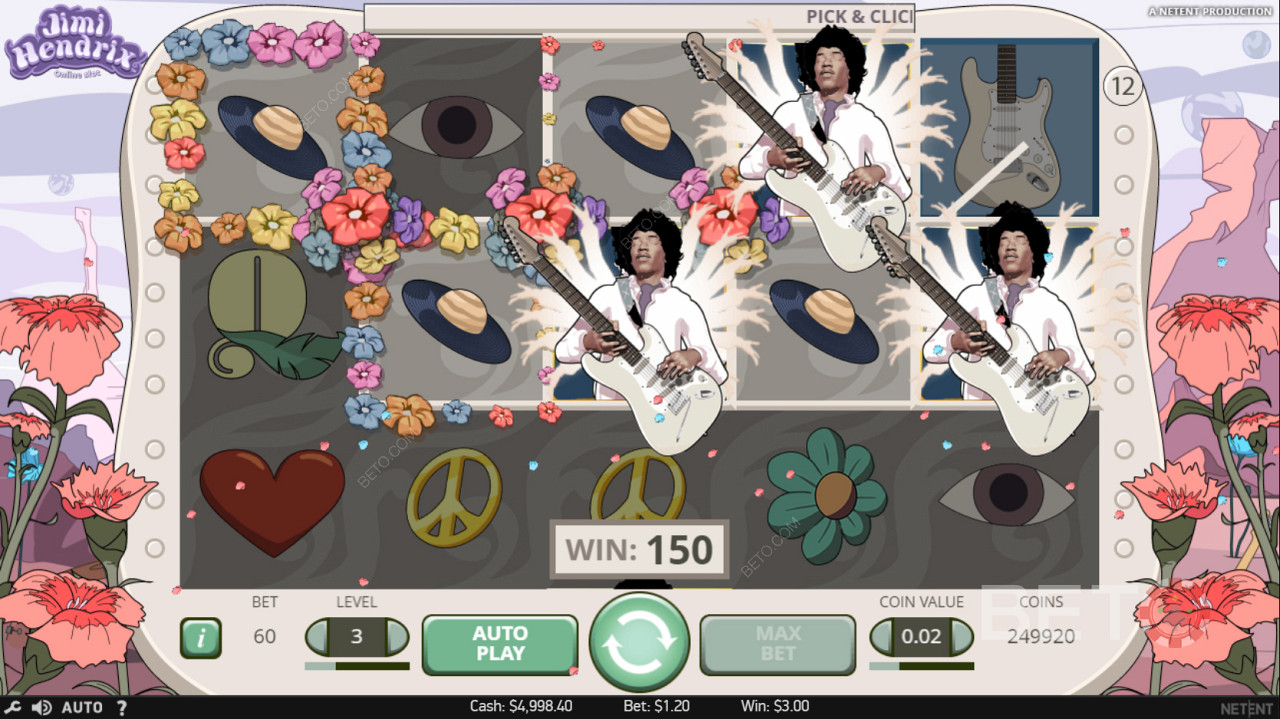 Tre Jimi Hendrix Scatter sui rulli attivano il gioco "Pick and Click".