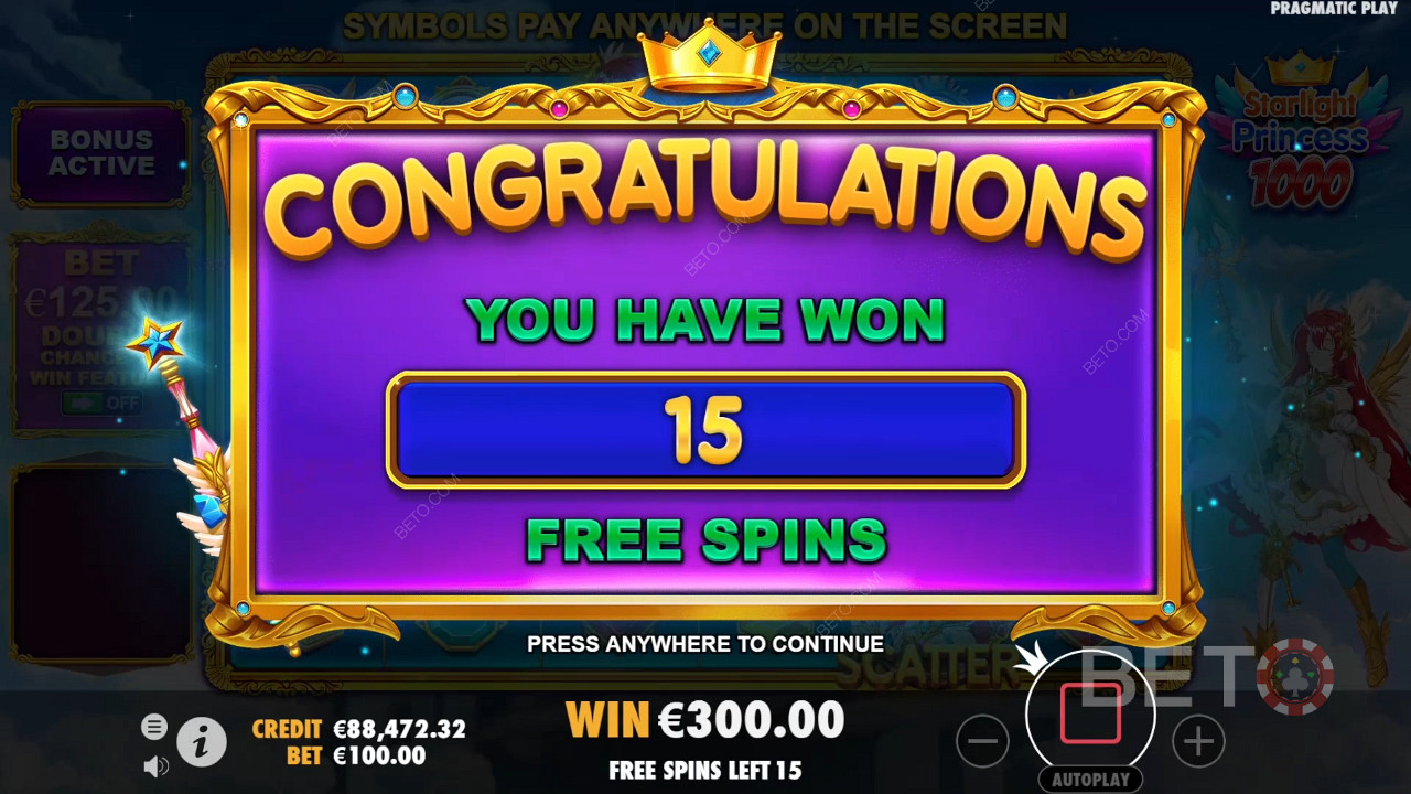 Godetevi 15 giri gratuiti che possono essere estesi nella slot machine Starlight Princess 1000