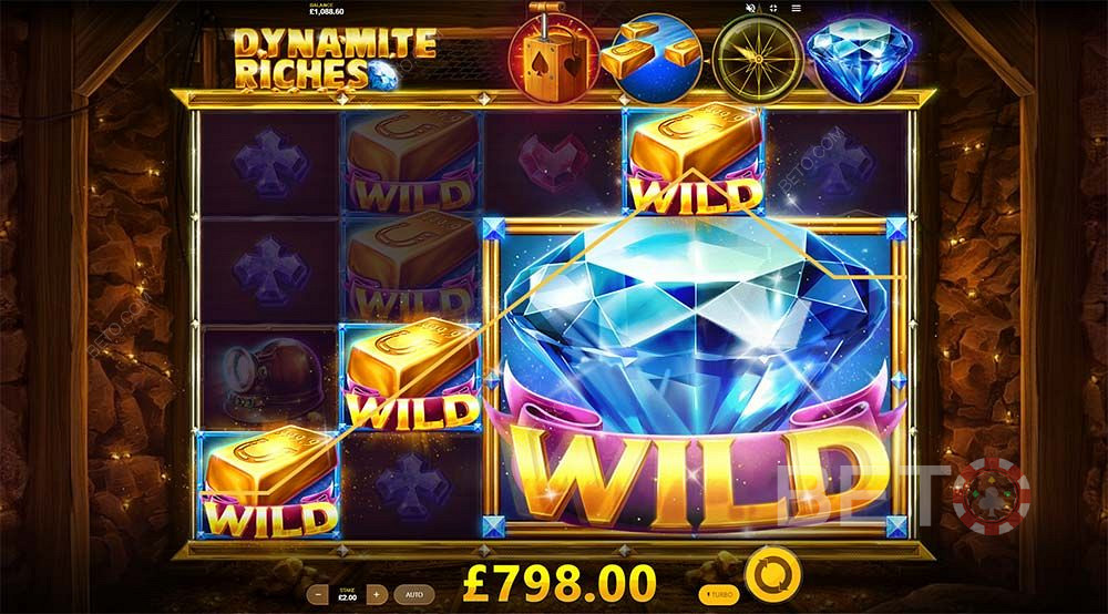 I simboli jolly Gold bar e Expanding wild possono sostituire i simboli regolari per regalare enormi vincite in Dynamite Riches.