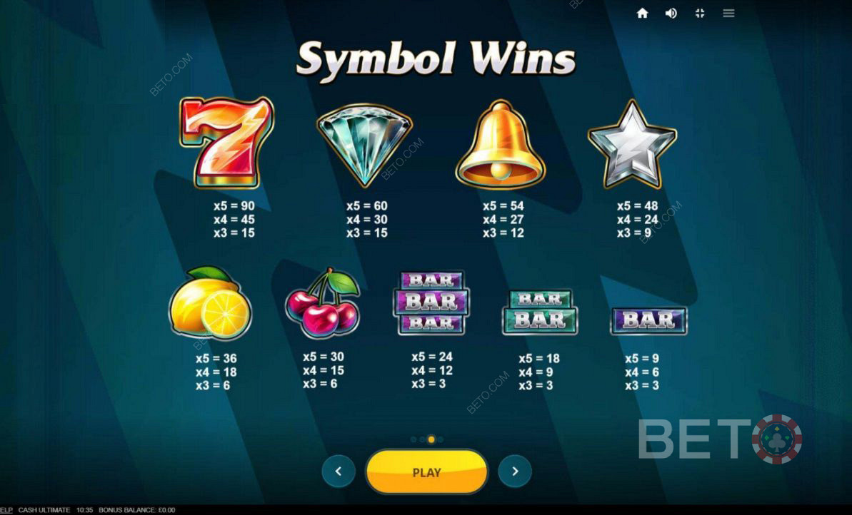 Diverse combinazioni di simboli in Cash Ultimate