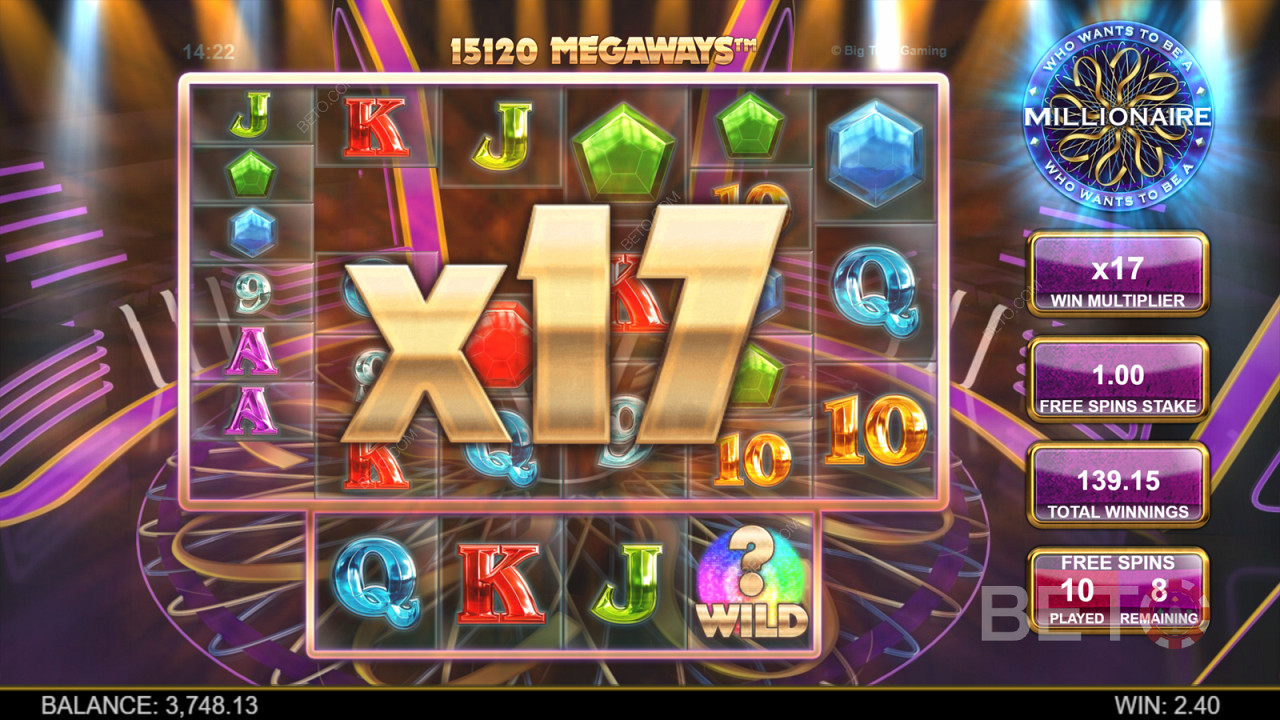 Un moltiplicatore si aggiunge alle vincite per ogni vincita a cascata in Who Wants to Be a Millionaire Megaways.