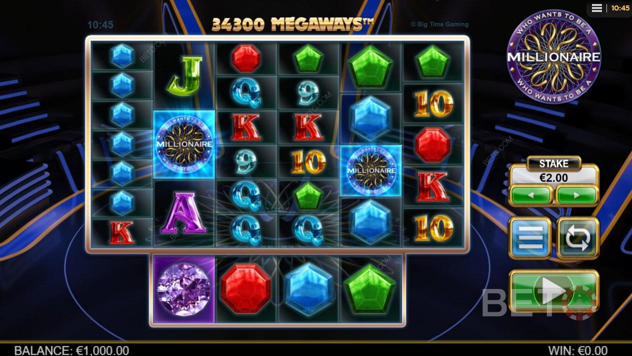 Il layout di base della schermata della slot Who Wants to be a Millionaire è allettante