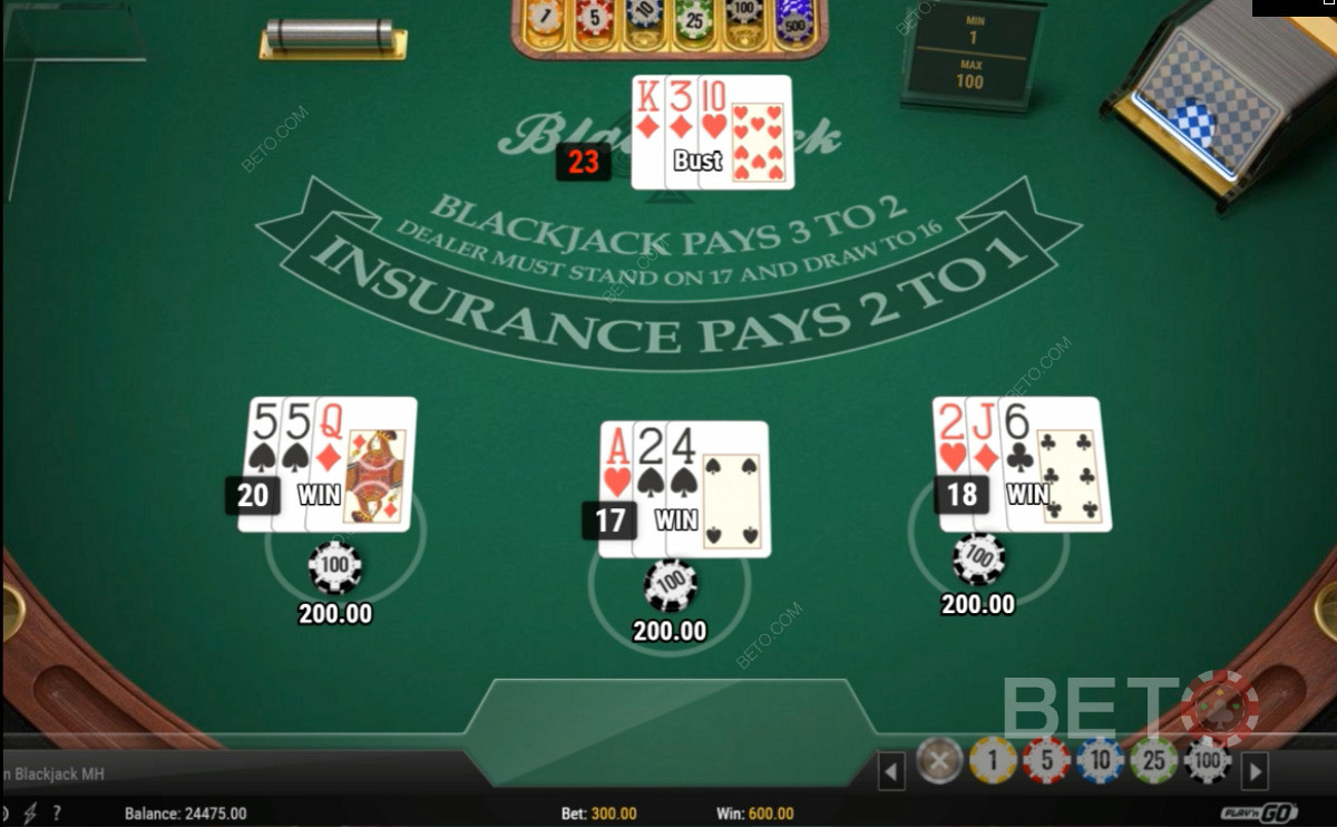 Giocare tre mani nel gioco di carte a più mani del Blackjack europeo