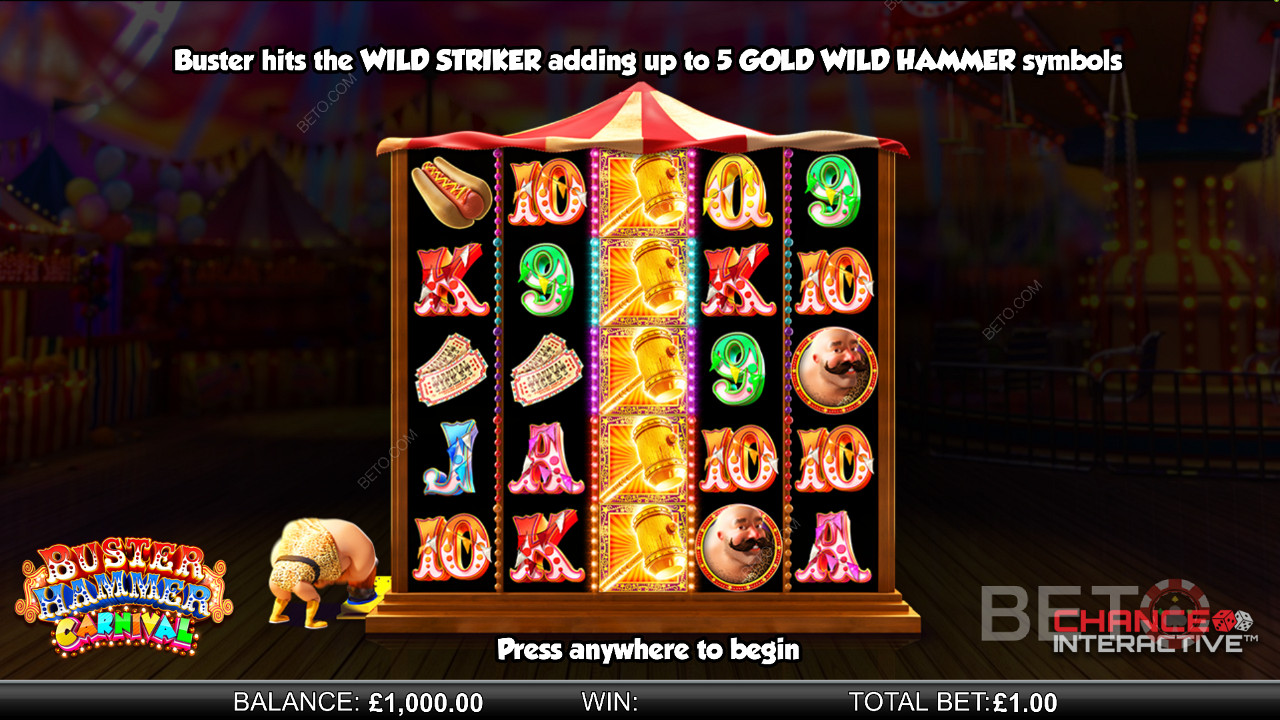Divertitevi con la funzione Wild Striker nella slot online Buster Hammer Carnival