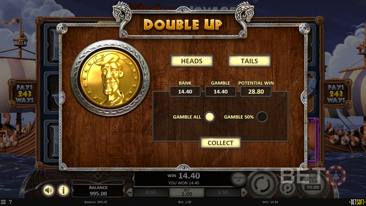 Prova la funzione Double Up per raddoppiare le tue vincite nella slot machine Viking Voyage