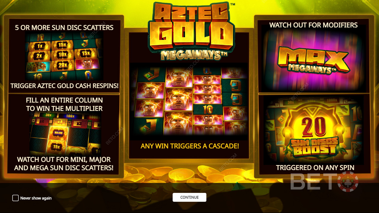 Goditi diverse potenti funzioni bonus nella slot machine Aztec Gold Megaways