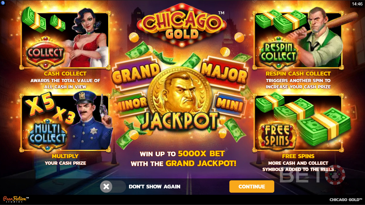 Divertiti con le funzioni Collect, i Jackpot e i Free Spins della slot machine Chicago Gold.