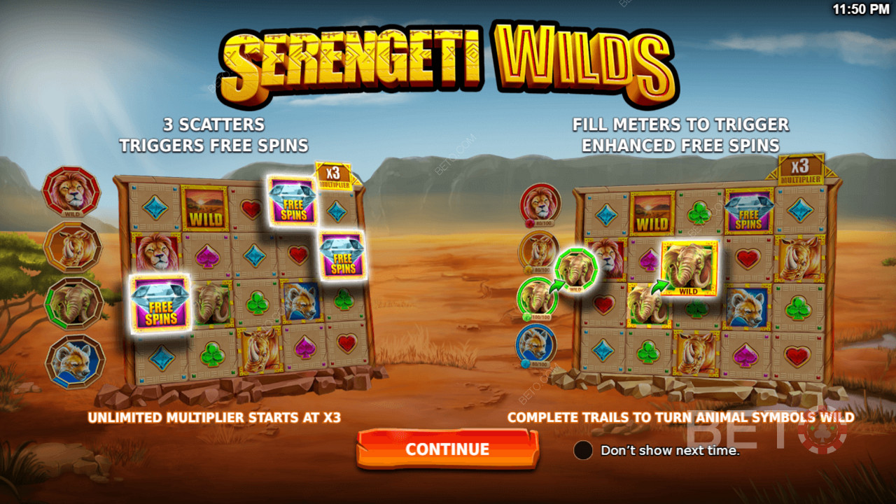 Godetevi le potenti funzioni come i Free Spins e gli Enhanced Free Spins della slot Serengeti Wilds.