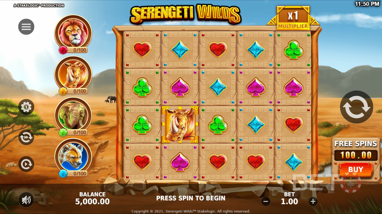 Paga 100 volte la tua scommessa e acquista giri gratuiti nella slot machine Serengeti Wilds
