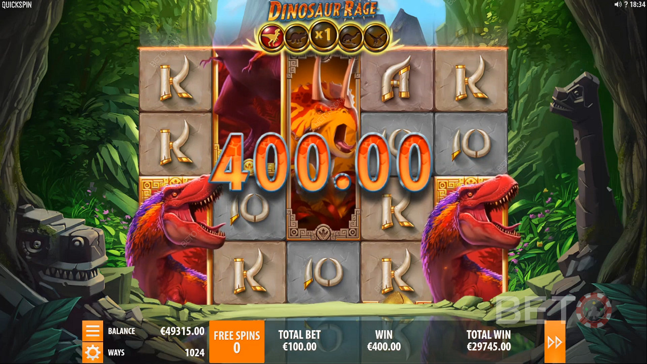 Atterraggio di una vincita del valore di 400 monete nella slot machine Dinosaur Rage
