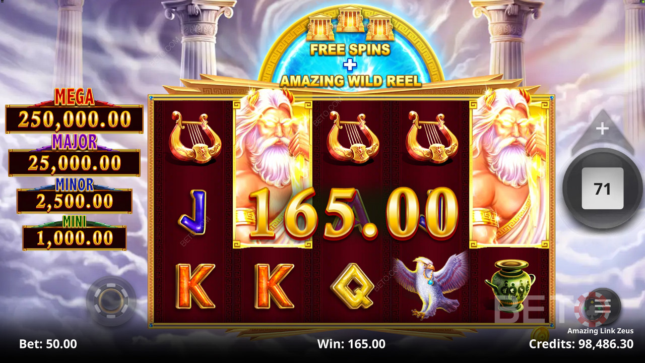 Gioca e ottieni la possibilità di vincere uno dei 4 Premi fissi del Jackpot nella slot Amazing Link Zeus