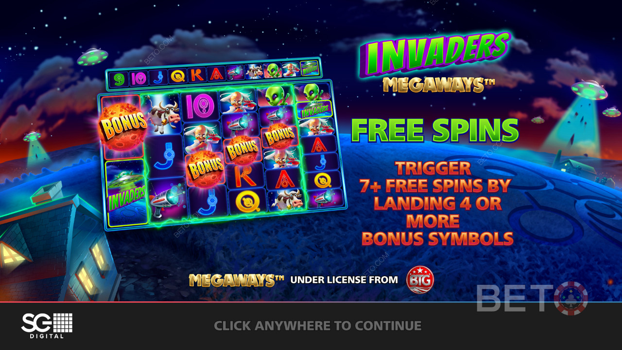 Goditi i giri gratuiti con modificatori, rulli a cascata e altro ancora nella slot Invaders Megaways