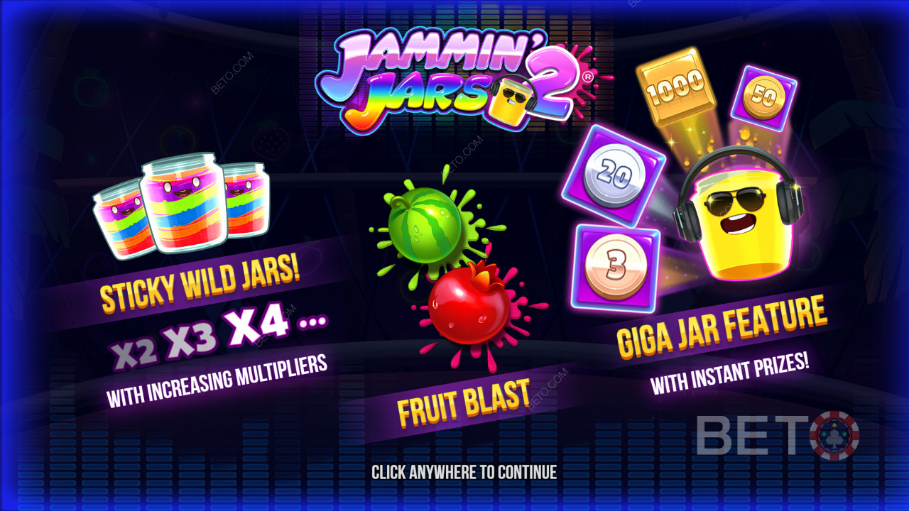 Divertiti con i Wild appiccicosi, la funzione Fruit Blast e i Giga Jar Spins nella slot Jammin Jars 2