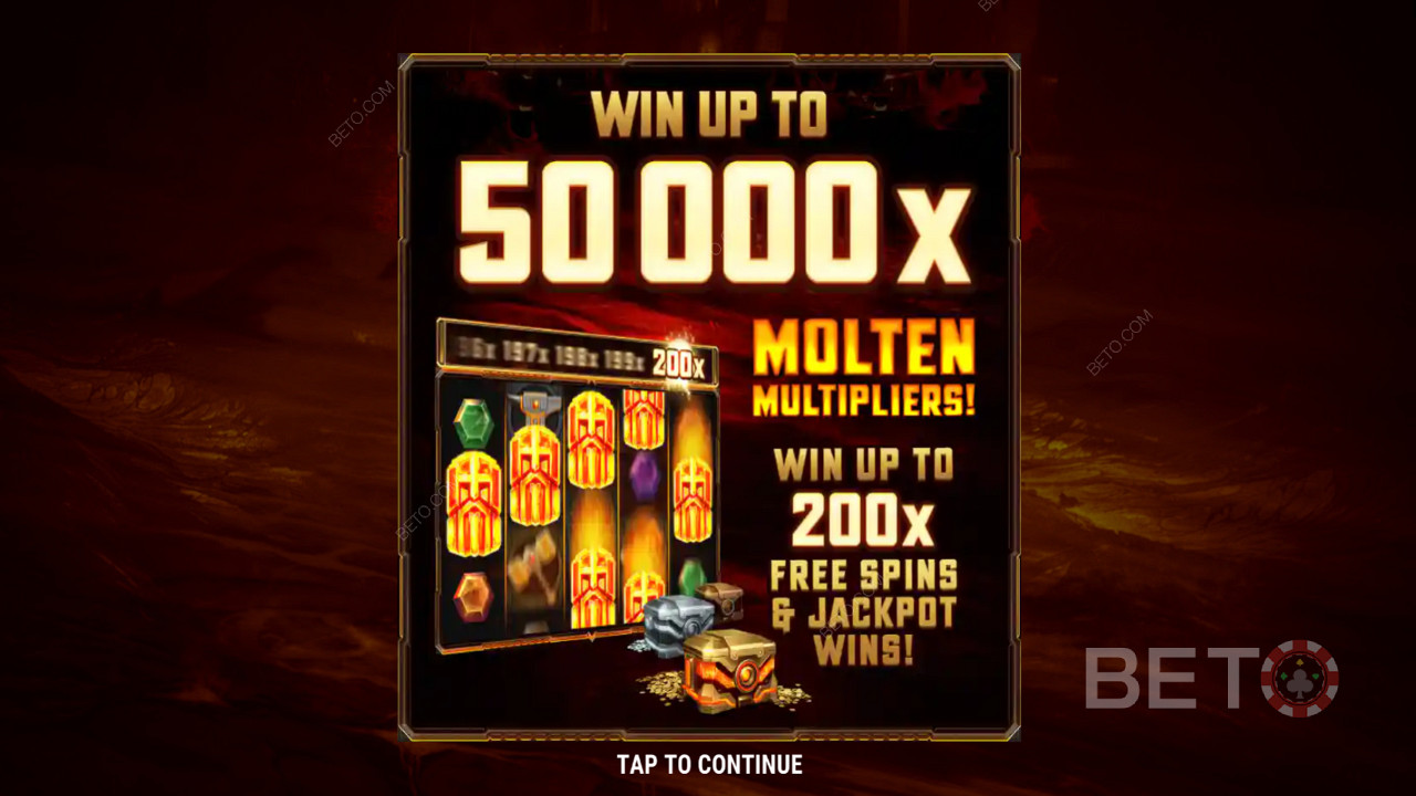 La schermata introduttiva di Fire Forge mostra il Jackpot da 50.000x