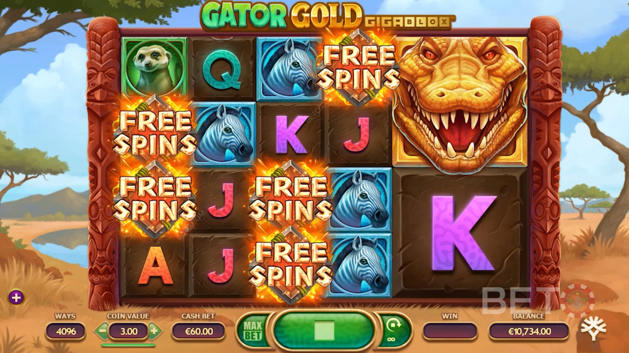 Simboli speciali dei giri gratis in Gator Gold Gigablox