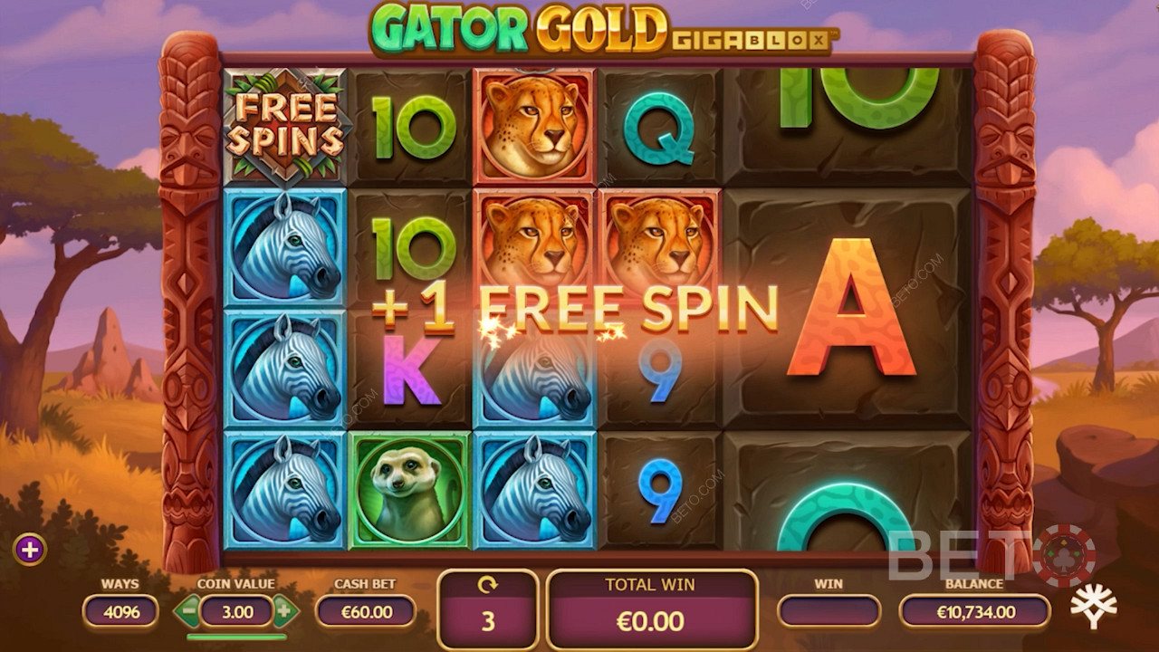 Vinci giri gratis in Gator Gold Gigablox