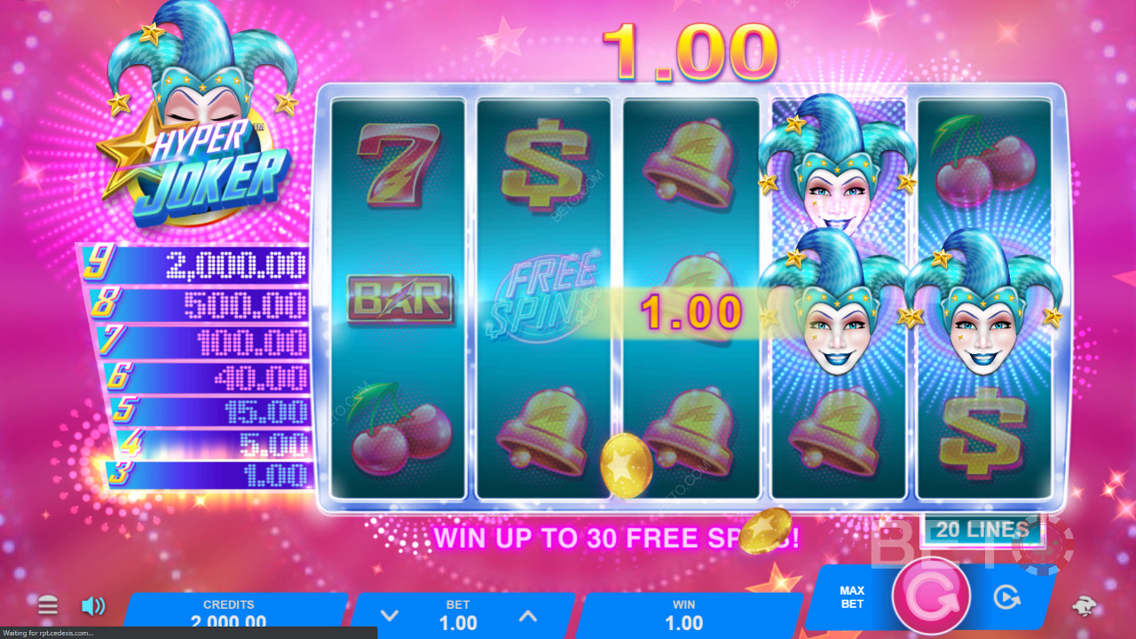 Giocate ai giri gratuiti con moltiplicatori quando si colpiscono tre simboli bonus o si atterrano nove jolly per vincere il primo premio: 120.000 monete.