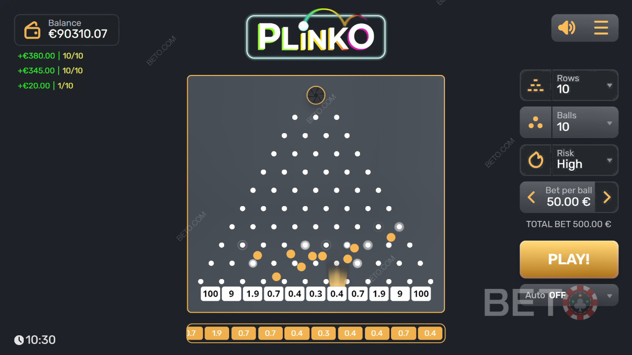 Vinci 3.200x la tua scommessa nella slot Plinko!