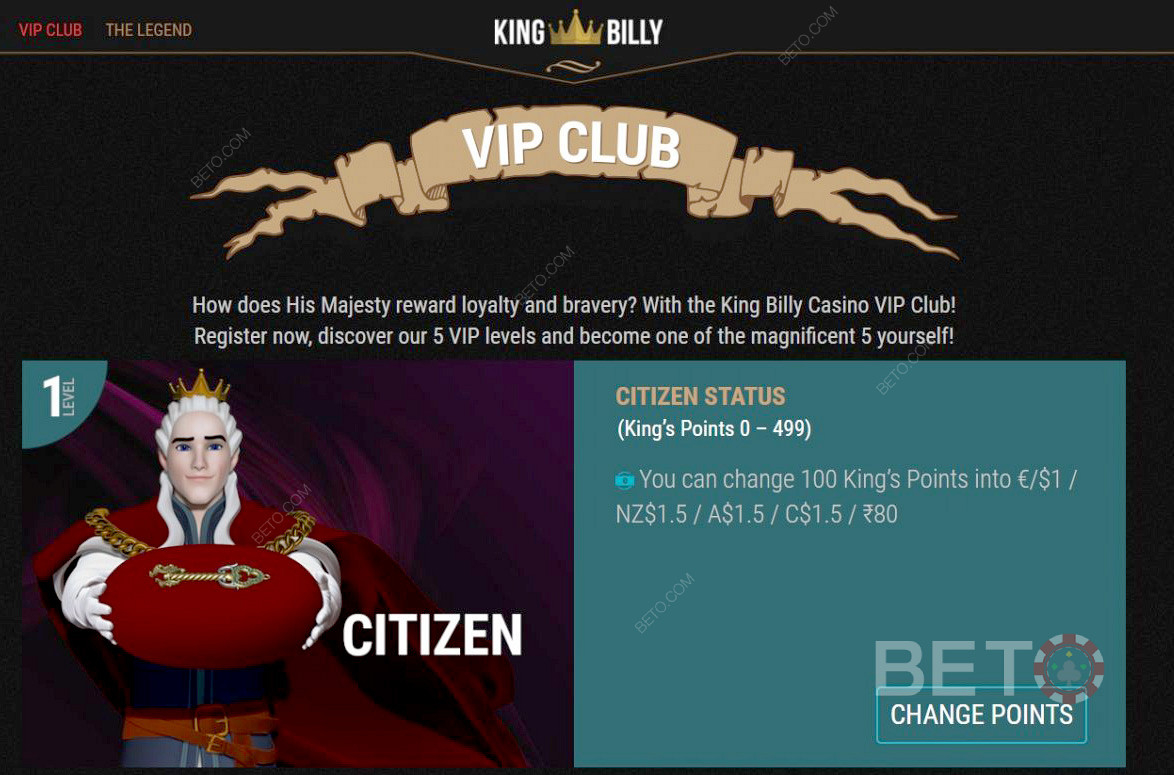 Iniziare dal livello Cittadino del Club VIP di King Billy