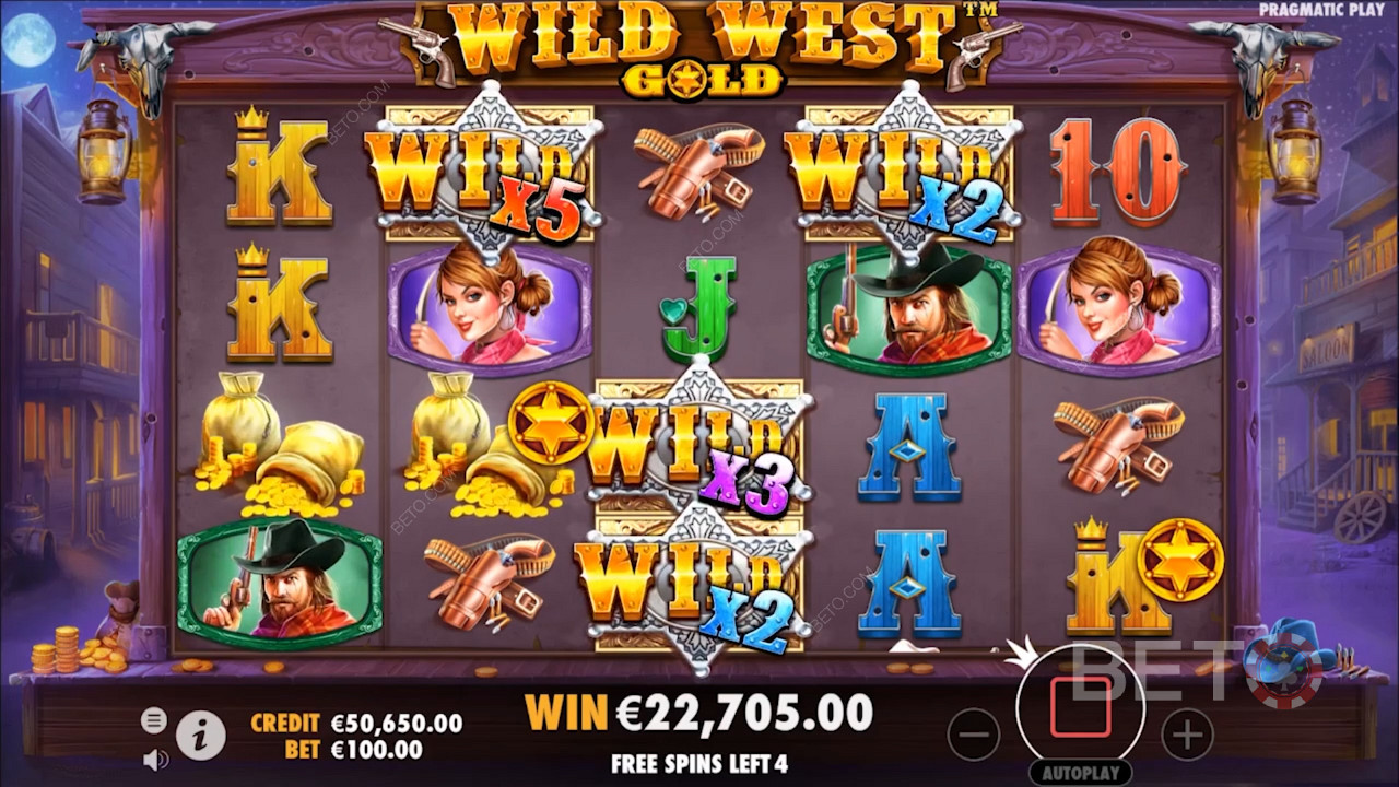 I simboli Wild nella slot Wild West Gold sono dotati di moltiplicatori