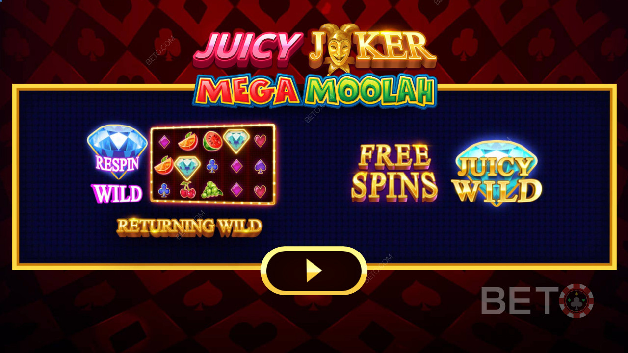 Schermata introduttiva di Juicy Joker Mega Moolah che spiega i vari Booster