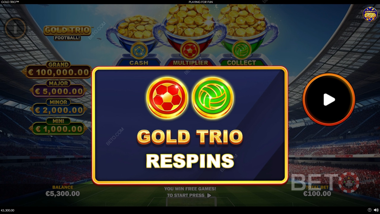 Le funzioni bonus spiegate in Gold Trio: Football! di Playtech