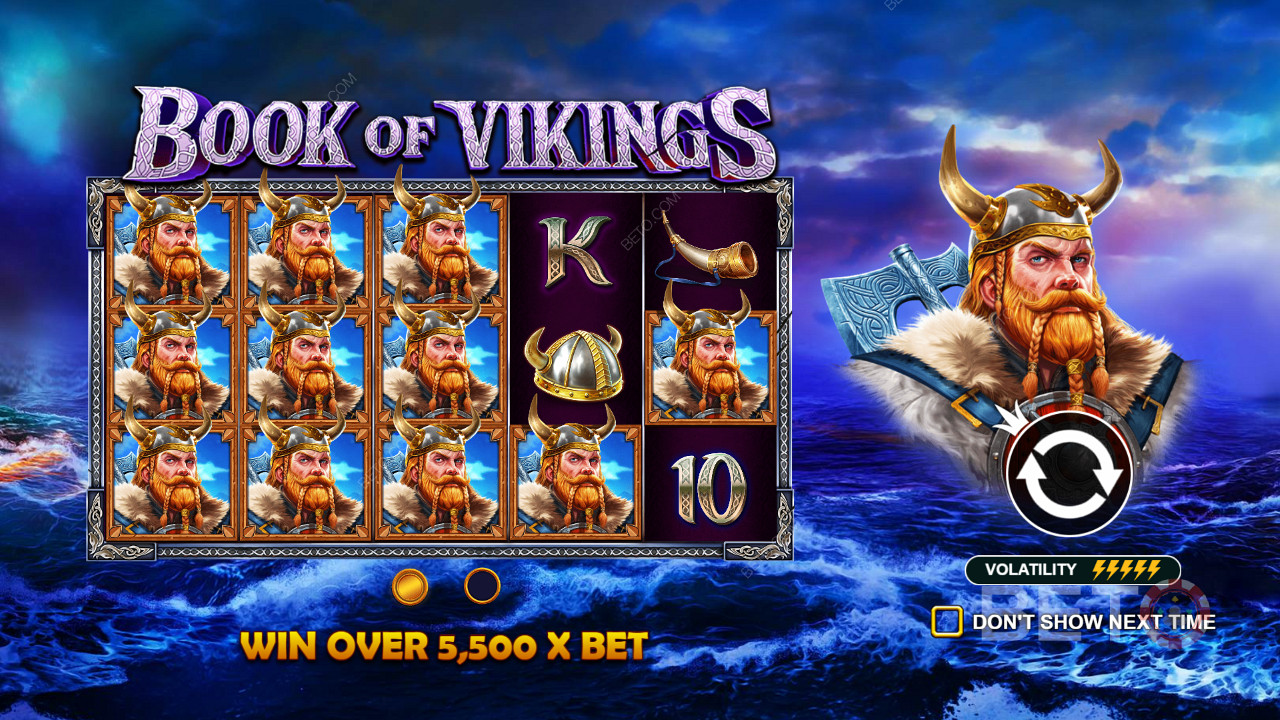 Vincete premi che valgono fino a 5.500 volte la posta in gioco nella slot Book of Vikings, altamente volatile.