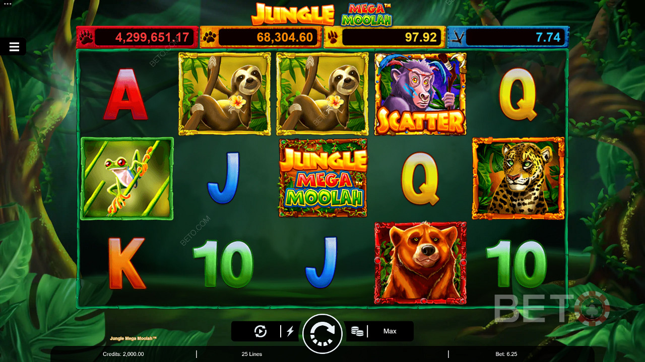 Divertiti con i moltiplicatori Wilds, i giri gratis e i quattro jackpot progressivi della slot Jungle Mega Moolah.