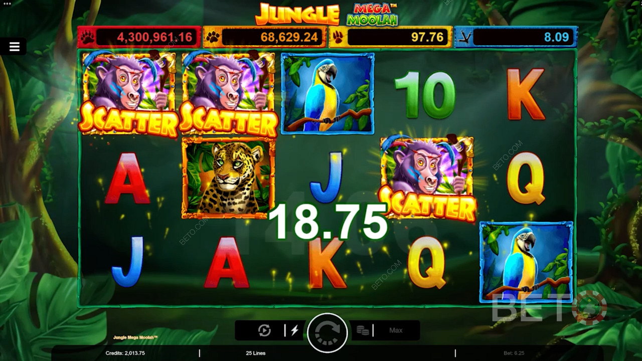 Atterra 3 Scatter Scimmia per attivare i Giri Gratuiti nel gioco di slot online Jungle Mega Moolah