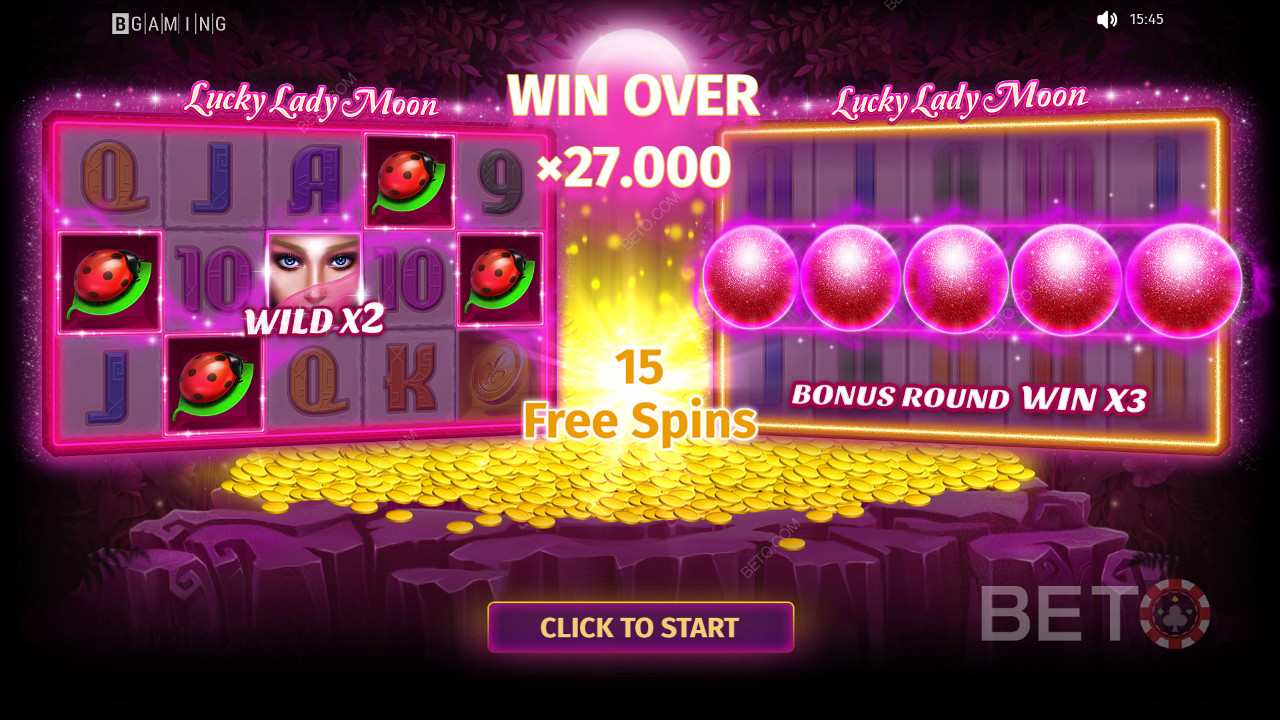 Continuate a giocare per vincere premi che valgono fino a 27.000 volte la puntata nella slot Lucky Lady Moon.