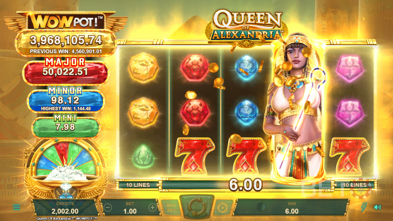 Queen of Alexandria WowPot di Neon Valley Studios è una slot fantasy di grande effetto.
