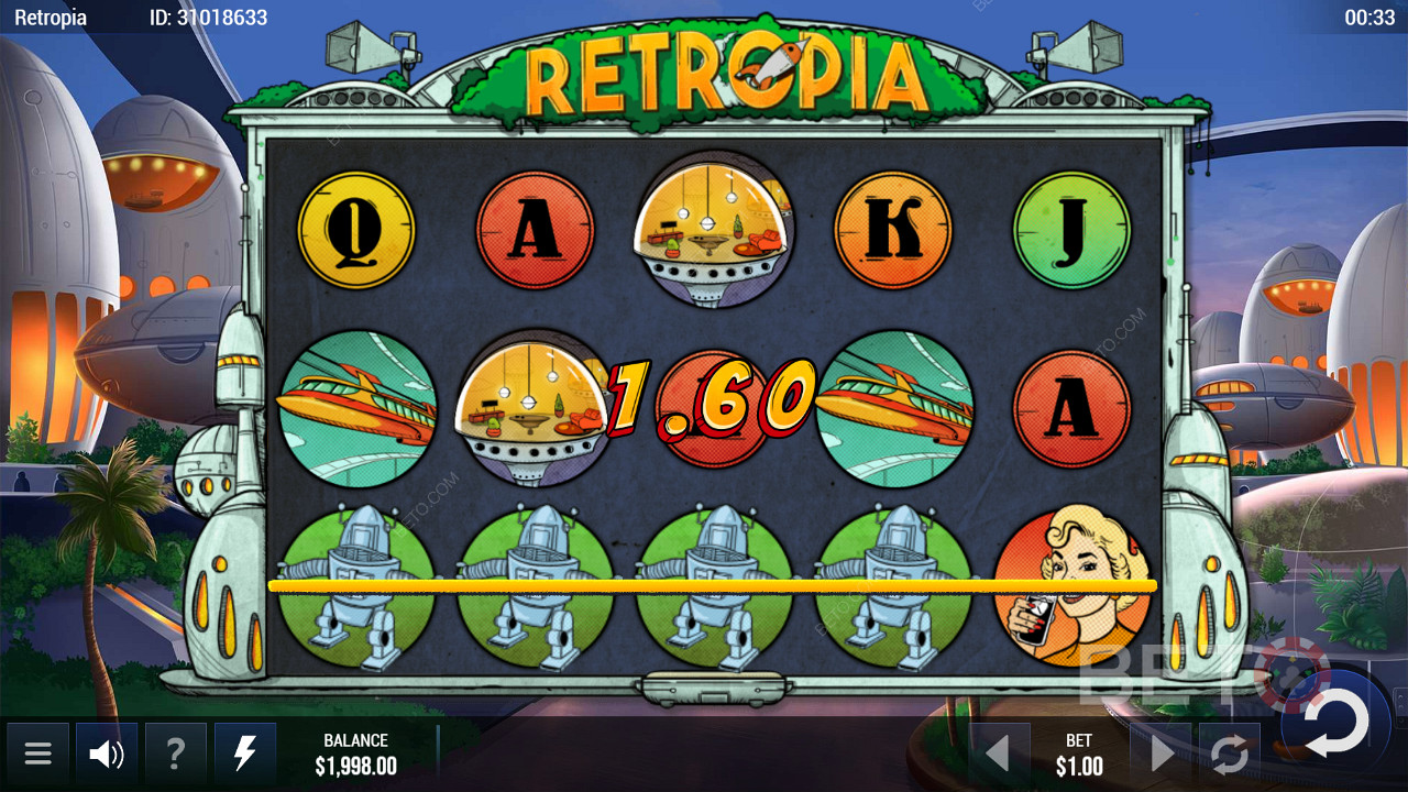 Sfrutta 25 linee di pagamento e ottieni facili vincite con la slot machine Retropia.