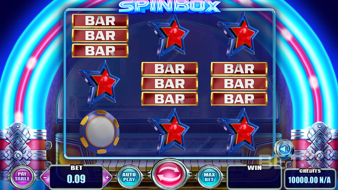 Simboli attraenti e tema di gioco classico nella slot Spinbox