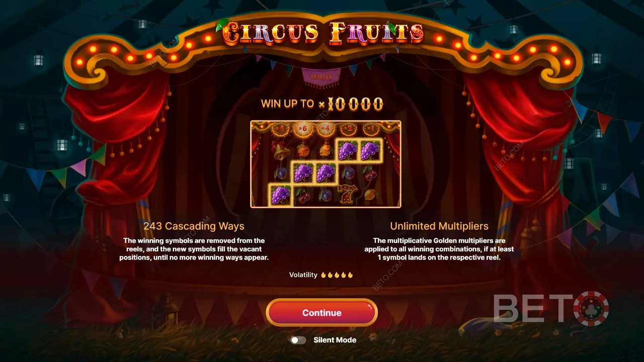 Schermata introduttiva ispirata al tema di Circus Fruits