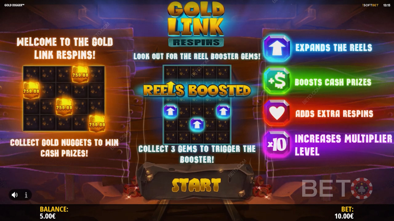 Schermata introduttiva di Gold Digger che mostra le informazioni sul gameplay