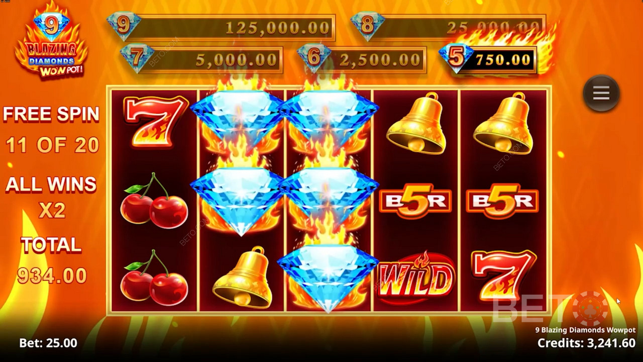 Scopri gli entusiasmanti Bonus Free Spin e i premi in denaro della slot 9 Blazing Diamonds Wowpot