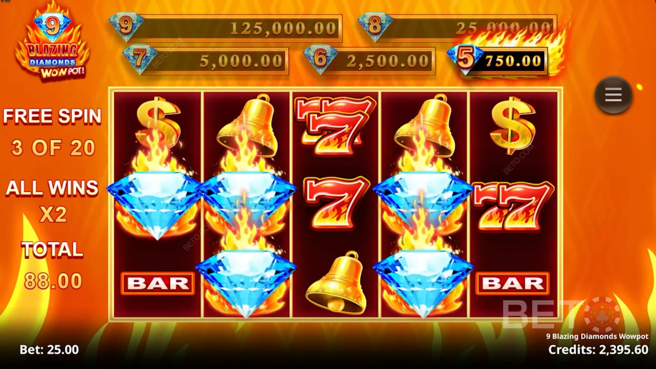 9 Blazing Diamonds Wowpot Recensione di BETO Slots