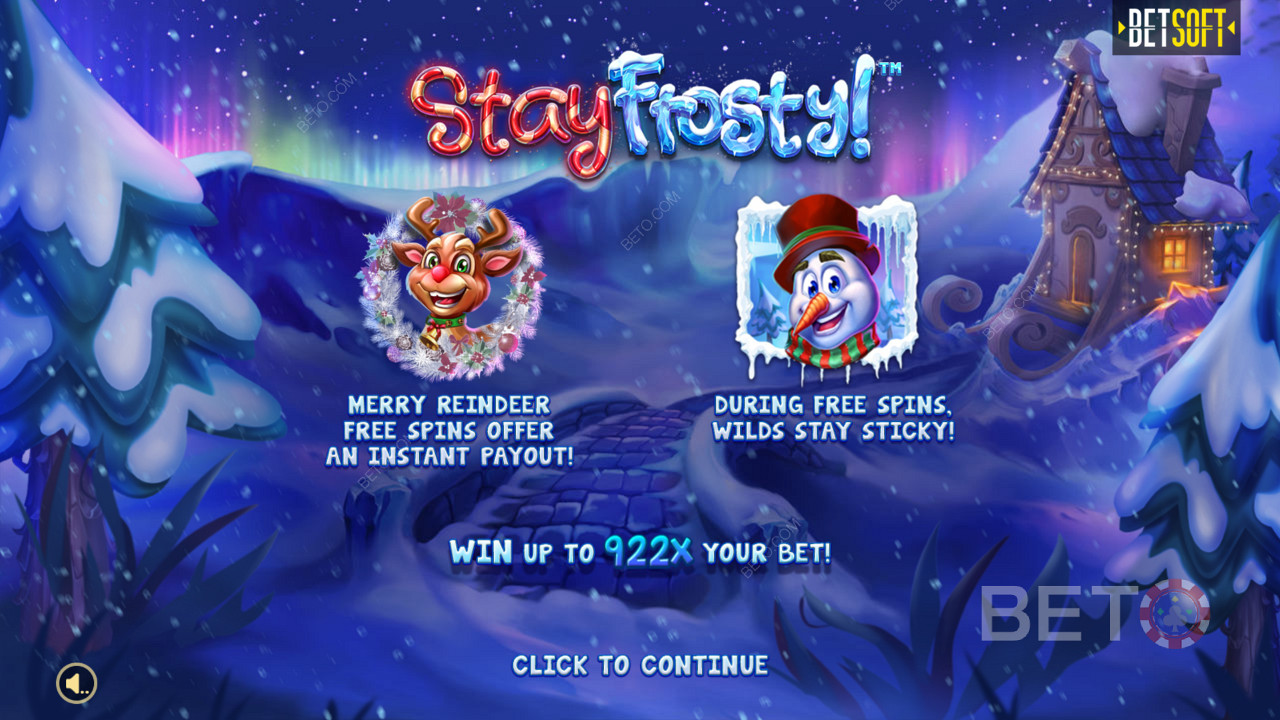 La schermata introduttiva di Stay Frosty! Merry Reindeer Free Spins e vincita massima di 922x la tua puntata!